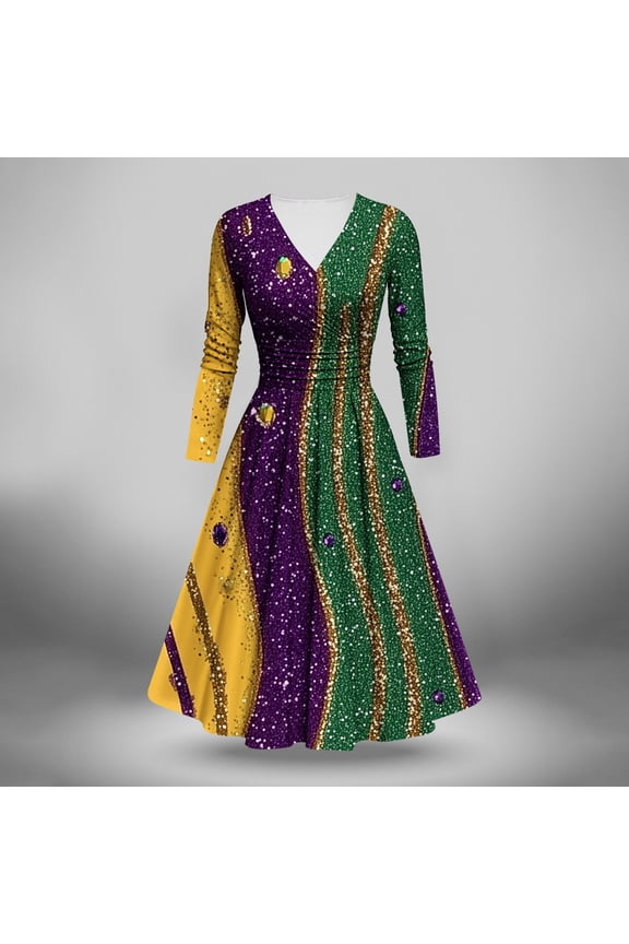 Womens Sparkle Holiday Dresses Novelty Mardi Gras Sequin Print Dress Flowy Swing Long Sleeve Crew Neck Midi Dress Carnival Party Dress 2025 Saving Multicolor XXL