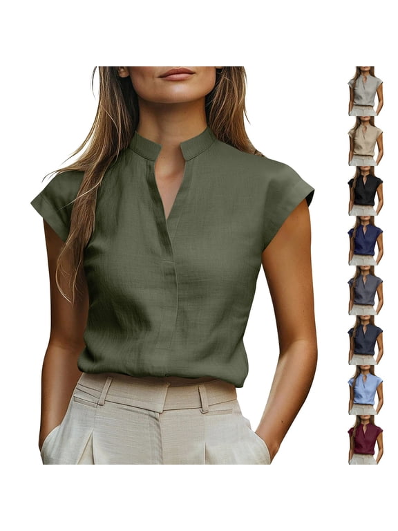 Womens Split V Neck Tops Frill Trim Cap Sleeve Elegant Tees Lightweight Work Office Y2k Shirts Green S