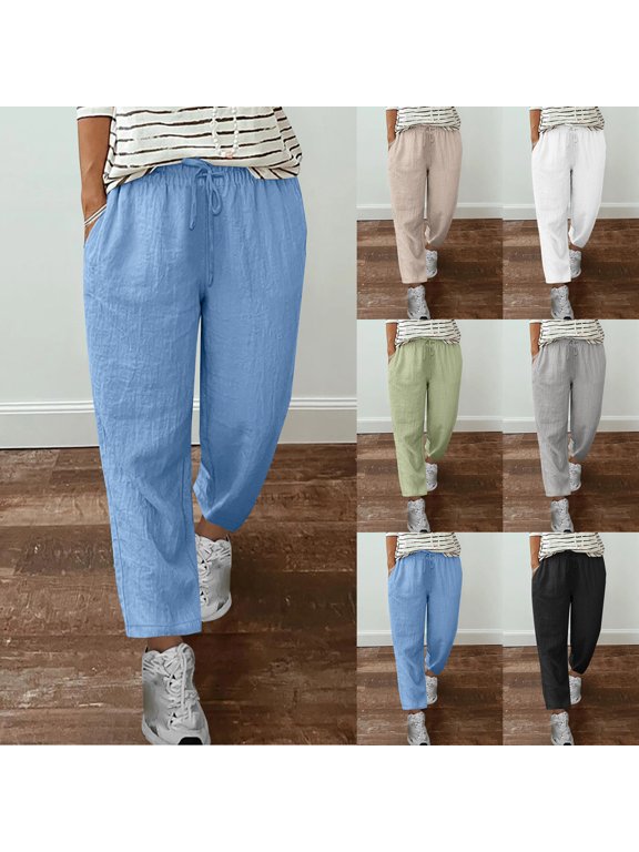 Womens Spring Pants Breathable Comfy Cotton Linen Trousers Basic Solid Color Elastic Drawstring Waist Straight Pants with Pockets Holiday Sales Khaki XL