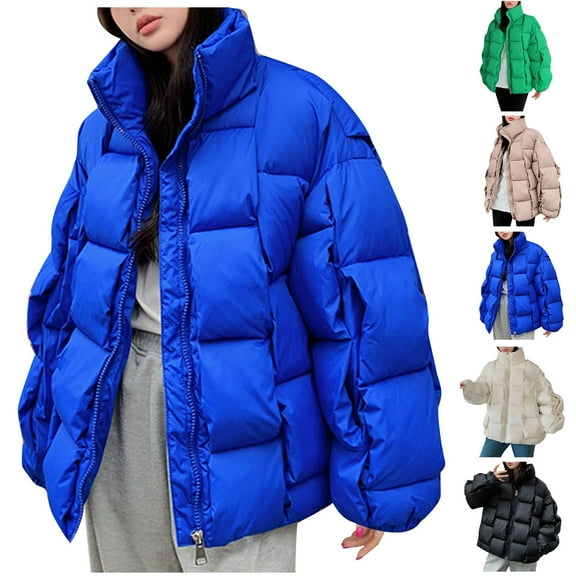 Jinhomg Womens Stand Collar Coat Fall Winter Warm Full-Zip Puffer Jacket Loose Cozy Long Sleeve Down Coats Summer Saving Green L