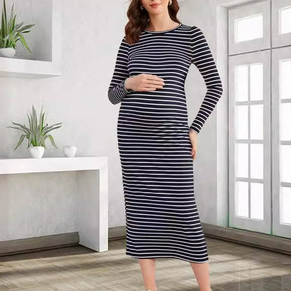 Jinhomg Womens Striped Pregnancy Dresses Round Neck Short Sleeve Maternity Dress Split Thigh Knee Length Bodycon Midi Dresses Black M