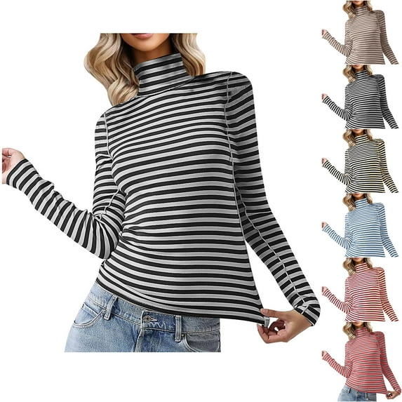 Jinhomg Womens Striped Shirt Slim Fit Comfy Long Sleeve Turtle Neck Tops Lightweight Casual Spring Pullover Ladies 2025 Trendy Outfit Khaki M