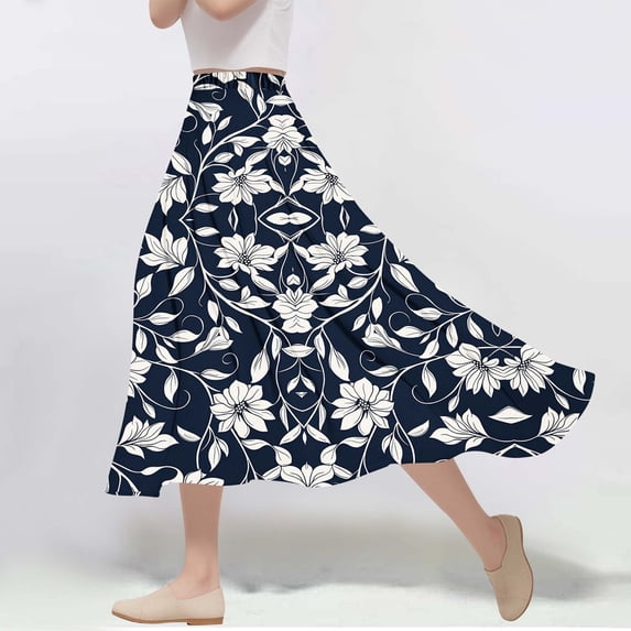Jinhomg Womens Summer Boho Skirts Elegant Floral Print Maxi Skirts Casual Comfy Elastic Waist A Line Skirts Flowy Flowy A Line Vacation Beach Skirts Black XXL