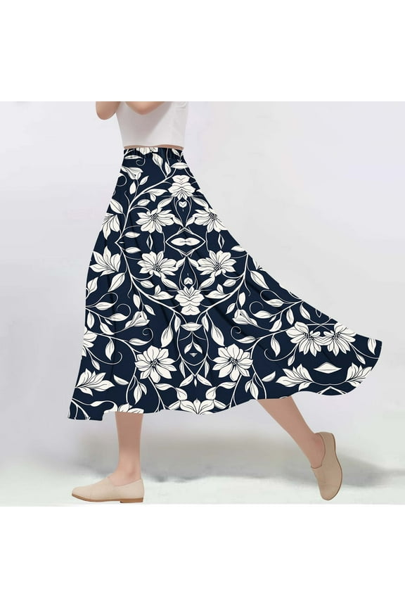 Womens Summer Boho Skirts Elegant Floral Print Maxi Skirts Casual Comfy Elastic Waist A Line Skirts Flowy Flowy A Line Vacation Beach Skirts Black XXL