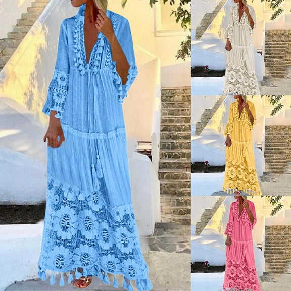 Jinhomg Womens Summer Maxi Dresses Casual Boho Floral Lace Dress Flowy Swing Long Sleeve V Neck Sundress Plus Size Vacation Beach Dresses Pink L
