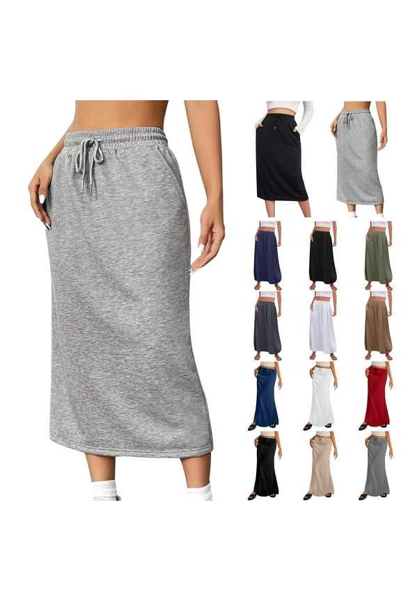 Womens Casual Summer Skirts Loose Fit Comfy Linen Maxi Skirts Plain Solid Drawstring Waist Flare Skirts Lightweight Daily Wear Black L