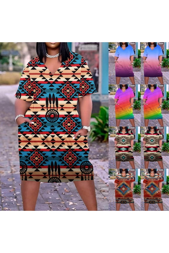 Womens Summer Midi Dress Vintage Ethnic Style Print Midi Dresses Plus Size Comfy Short Sleeve Crew Neck Dress Daily Wear Women Gray XXXL