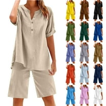 Jinhomg Womens Summer Outfit Sets Plus Size Comfy Short Sleeve Button Down Shirts with Elastic Drawstring Waist Shorts 2 Piece Vacation Beach Sets Beige XXL