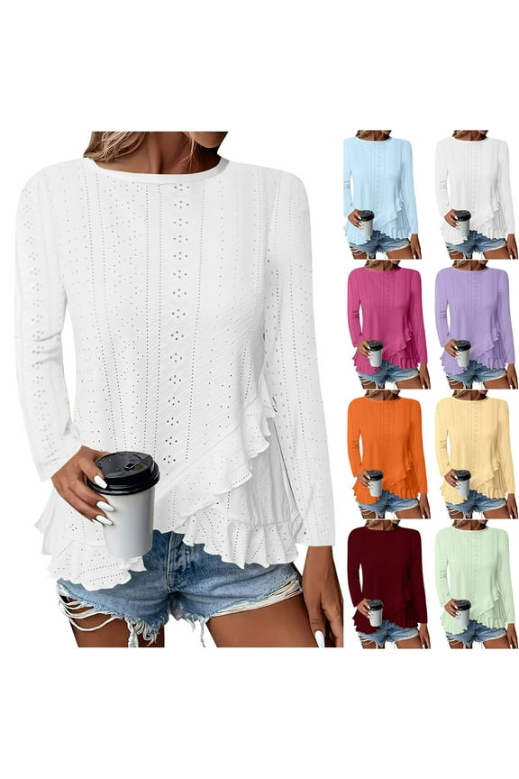 Womens Summer Shirts Dressy Casual Eyelet Ruffle Hem Blouse Lightweight Comfy Long Sleeve Tunic Tops Fashion Work Clothes Hot Pink XL