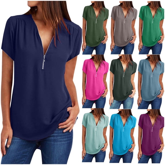 Jinhomg Womens Summer Shirts Dressy Casual Solid Chiffon Blouses Plus Size Comfy Short Sleeve Zipper V Neck Tunics Ladies Work Business Tops Army Green XXL