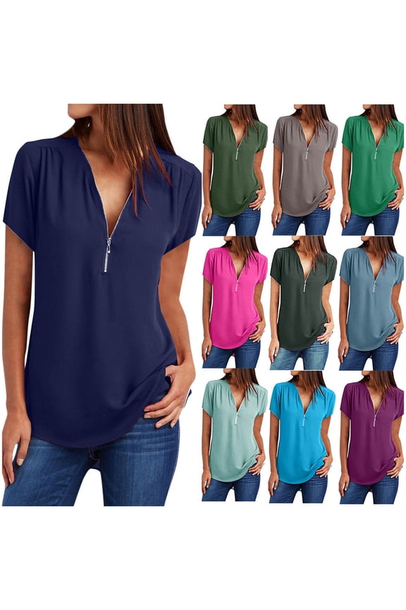 Womens Summer Shirts Dressy Casual Solid Chiffon Blouses Plus Size Comfy Short Sleeve Zipper V Neck Tunics Ladies Work Business Tops Winter Saving Army Green XXXXXL