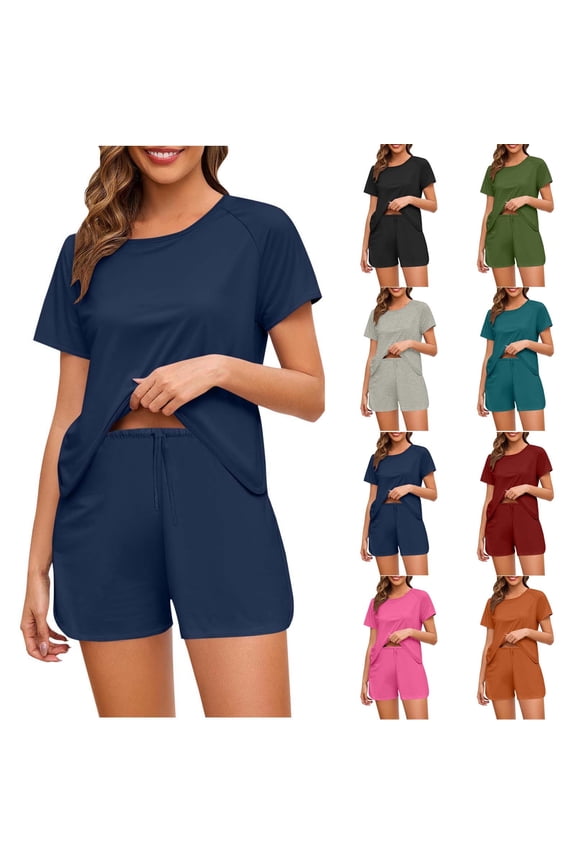 Womens Summer Short Sets Casual Comfy Short Sleeve T-Shirts with Drawstring Waist Shorts 2 Piece Plain Solid Lounge Wear Black M