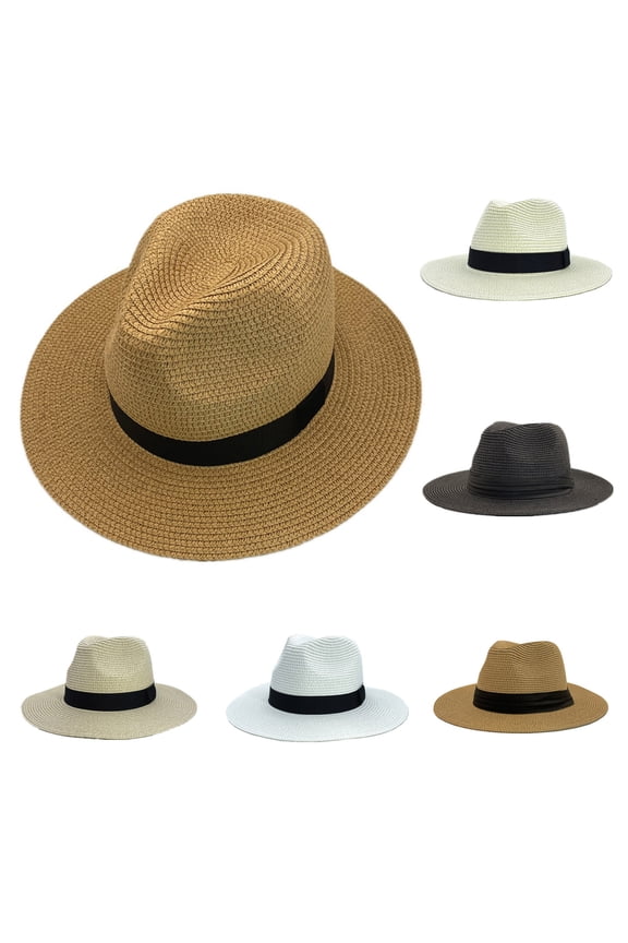 Womens Summer Straw Sun Hat Casual Wide Brim Travel Fedora Beach Sun Hat Panama Style UV Protection Hats for Ladies Clearance Items for Women Black One Size