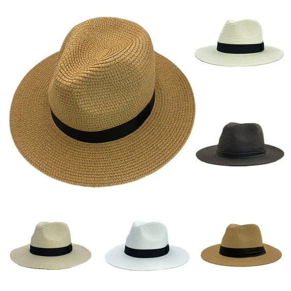 Jinhomg Womens Summer Straw Sun Hat Casual Wide Brim Travel Fedora Beach Sun Hat Panama Style UV Protection Hats for Ladies Sales Today Clearance Beige One Size