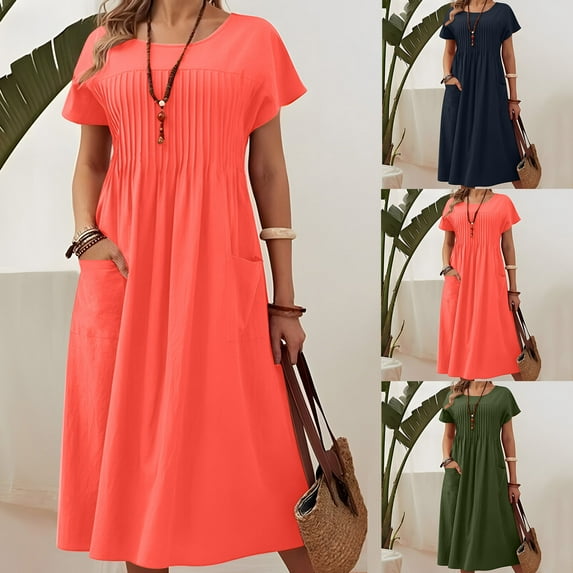 Jinhomg Womens T Shirt Dresses Casual Solid Color Ruched Dress Flowy Comfy Short Sleeve Crew Neck Midi Dresses Swing Vacation Beach Dress Navy XXL