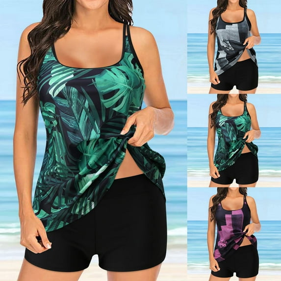 Jinhomg Womens Tankini Swimsuits 2 Piece Hawaiian Print Bathing Suits Lightweight Comfy Spaghetti Strap Tank Tops with Boyshorts Tummy Control Swimwear Holiday Saving Purple S