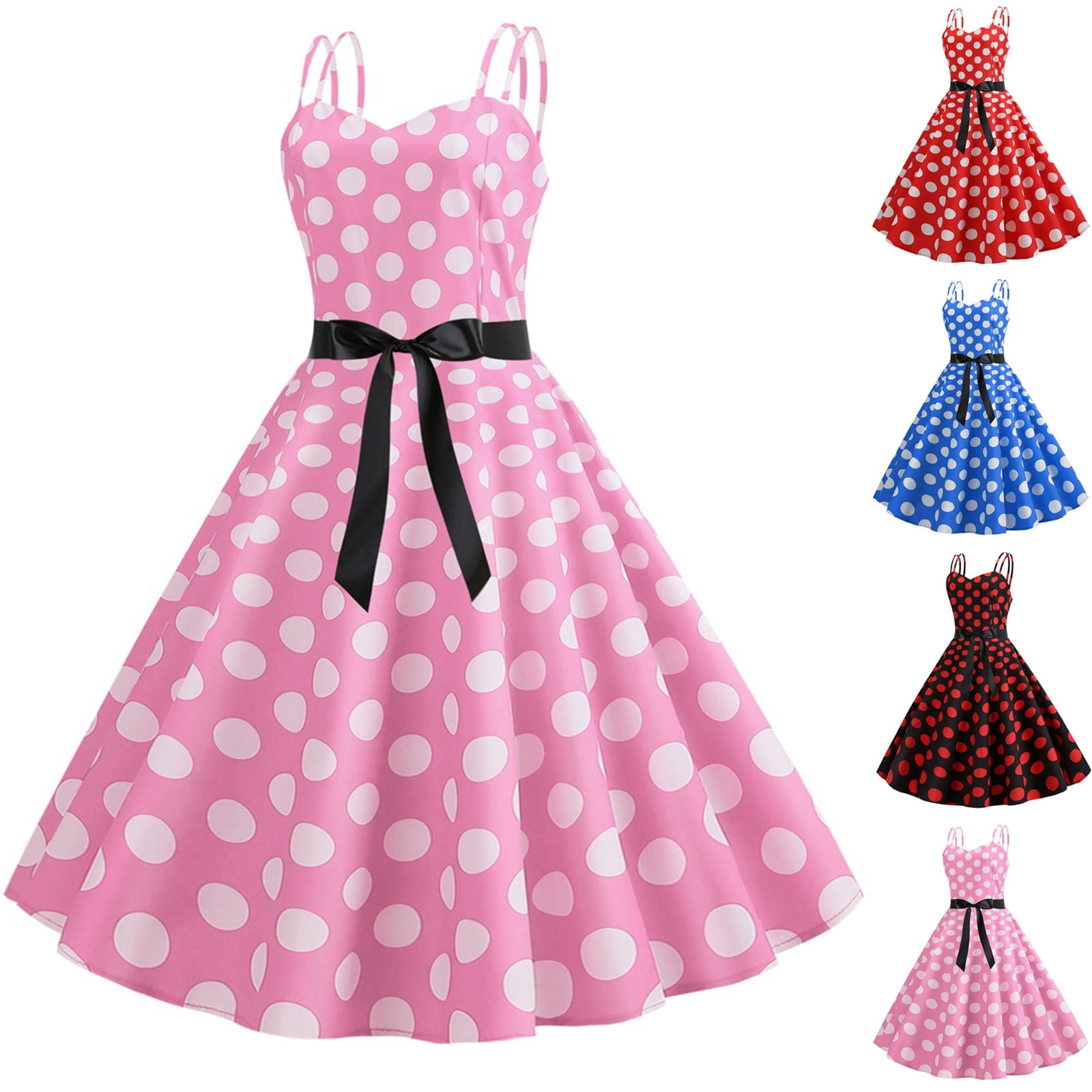 Jinhomg Womens Tea Party Dresses 1950 Retro Polka Dot Print A-Line Dress Lightweight Comfy Spaghetti Strap Midi Dresses Ladies Holiday Gift Summer