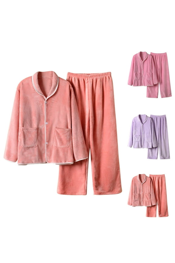Womens Thick Flannel Pajamas 2 Pcs Plus Size Comfy Lounge Sets Soft Cozy Long Sleeve Crew Neck Tops and Elastic Waist Pants Purple XXXL