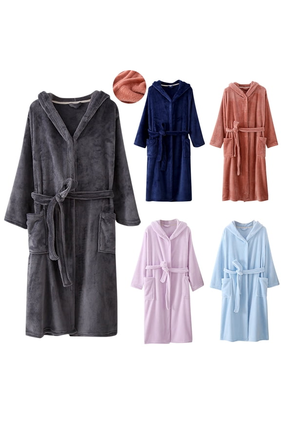 Womens Thick Fleece Warm Robe Winter Comfy Long Sleeve Drawstring Hooded Bathrobes Soft Sherpa Shaggy Night Gowns Sales Today Clearance Light Blue L