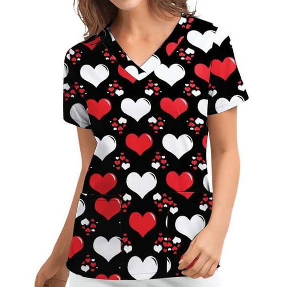 Jinhomg Womens Thin Scrubs Tops Funny Cute Valentine's Day Heart Graphic Workwear Lightweight Comfy Short Sleeve V-Neck Caregiver Top Limited Time Deal Red L