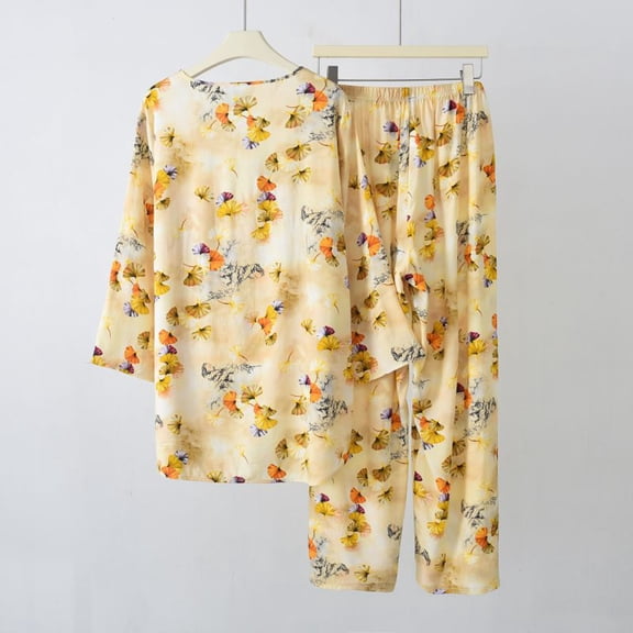 Jinhomg Womens Thin Sleepwear Casual Loose Fit Long Sleeve Crew Neck Tops and Elastic Waist Pants 2Pcs Cute Floral Print Pajamas Sets Yellow XL