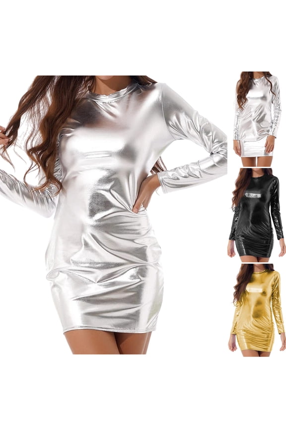 Womens Tight Dress Clubwear Metallic Shiny Bodycon Crew Neck Long Sleeve Pencil Rave Bar Dresses for Pole Dancing Gold L