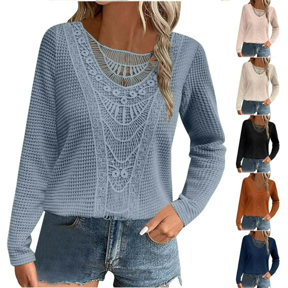 Jinhomg Womens Tops Casual Waffle Knit Long Sleeve Fall Shirts Lace Boho Hollow Out Crewneck Work Blouse Tunics Orange,XXL