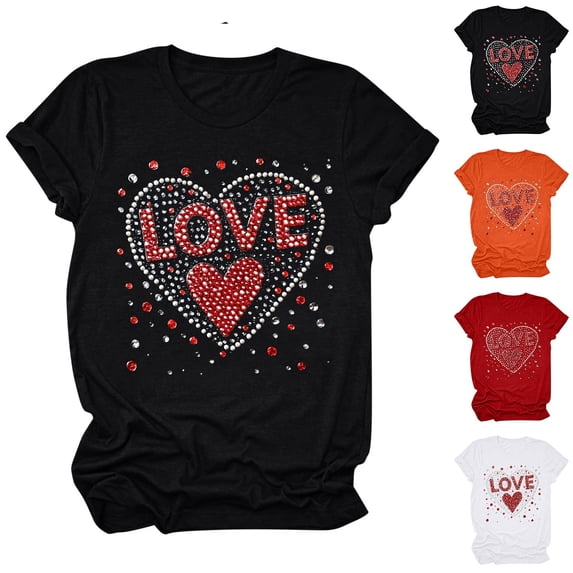 Jinhomg Womens Trendy Holiday Tee Shirt Valentines Sparkle Rhinestone Heart Print T-Shirt Casual Comfy Short Sleeve Round Neck Tops Holiday Gift Winter Saving Red S