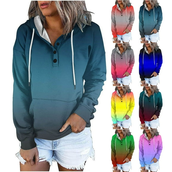 Jinhomg Womens Trendy Hooded Sweatshirt Long Sleeve Gradient Color Tops Fall Casual Cozy Quarter Button Up Sweatshirts with Kangaroo Pocket Spring Saving Today Clearance Pink M