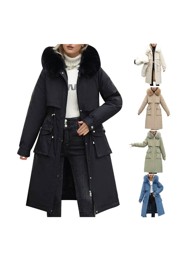 Womens Trendy Long Down Coat Plus Size Comfy Faux Fur Hooded Puffer Jacket Heavyweight Warm Double Closure Drawstring Waist Outerwear with Pockets Sales Today Clearance Black XL