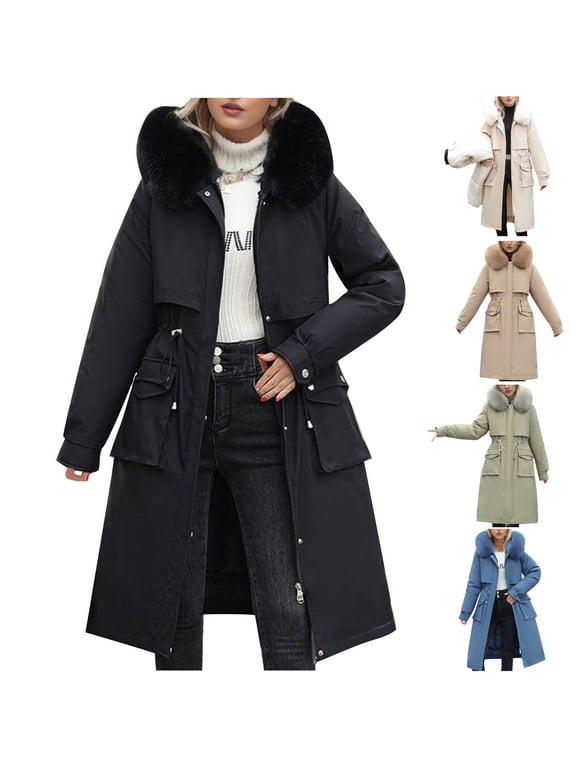 Womens Trendy Long Down Coat Plus Size Comfy Faux Fur Hooded Puffer Jacket Heavyweight Warm Double Closure Drawstring Waist Outerwear with Pockets Spring Saving Today Green XXXL