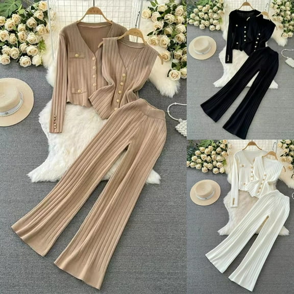Jinhomg Womens Trendy Lounge Set 3 Piece Casual Solid Sweater Outfits Fall Comfy Long Sleeve Cardigans with High Waist Pant and Button Down Vest Khaki Free Size