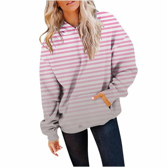 Jinhomg Womens Trendy Striped Sweatshirt Fall Lightweight Comfy Long Sleeve Hoodie Casual Comfy Drawstring Hooded Pullover with Pocket Pink S