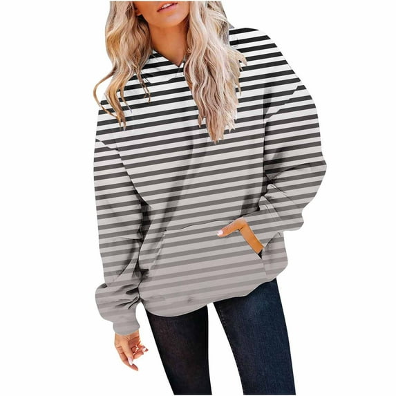 Jinhomg Womens Trendy Striped Sweatshirt Fall Lightweight Comfy Long Sleeve Hoodie Casual Comfy Drawstring Hooded Pullover with Pocket Black S