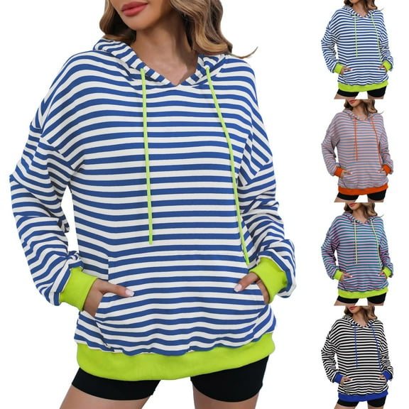 Jinhomg Womens Trendy Striped Sweatshirts Oversized Comfy Drawstring Hooded Pullover Fall Winter Casual Loose Long Sleeve Kangaroo Pocket Tops 2025 Saving Blue L