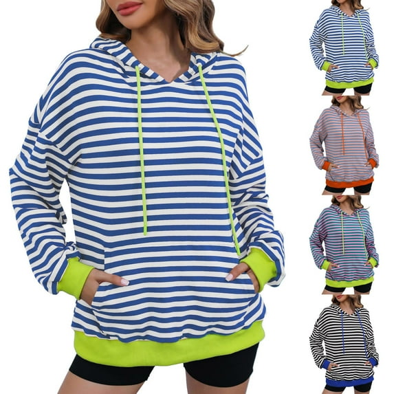 Jinhomg Womens Trendy Striped Sweatshirts Oversized Comfy Drawstring Hooded Pullover Fall Winter Casual Loose Long Sleeve Kangaroo Pocket Tops Orange XXL