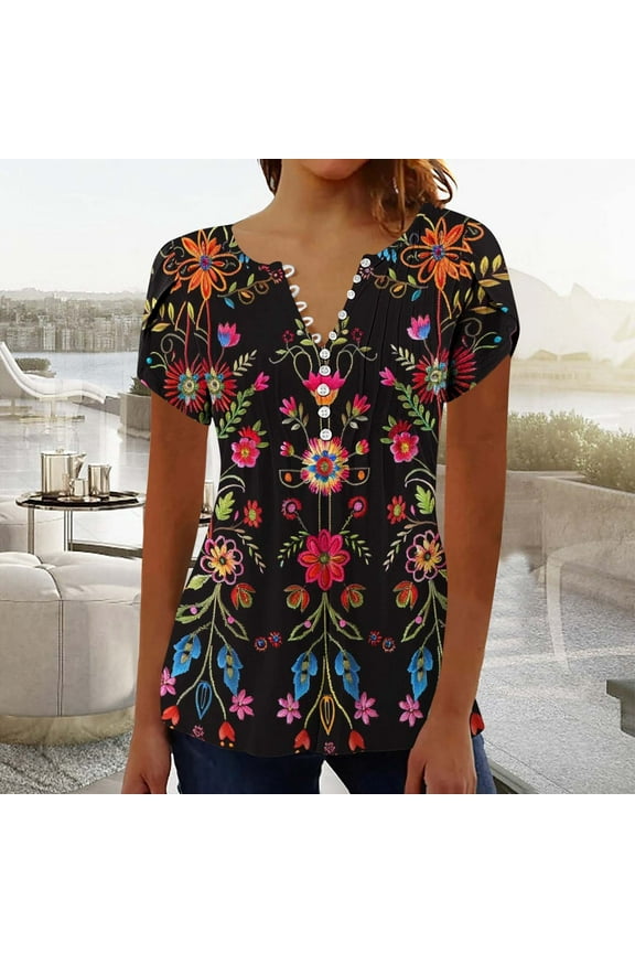 Womens Tunic Shirts Casual Boho Floral Print Button Down Tops Loose Fit Short Sleeve Empire Waist Blouses Spring Summer Clothes Multicolor XXL