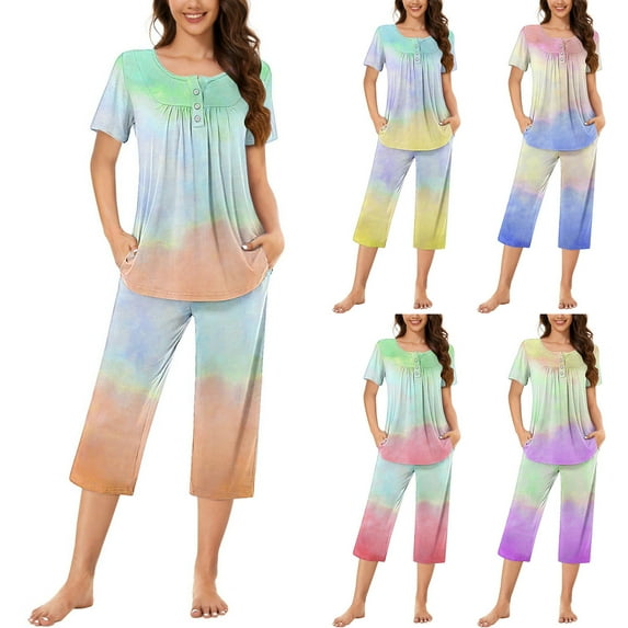 Jinhomg Womens Two Piece Pajama Sets 2025 Trendy Tie Dye Print Sleepwear Lightweight Comfy Long Sleeve Button Crew Neck Tops with Straight Pant Summer Saving Orange XXL