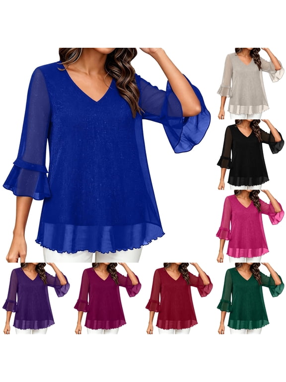 Womens V Neck Bell Sleeve Chiffon Blouse Ruffle Layered Hem Dressy Tunic Tops