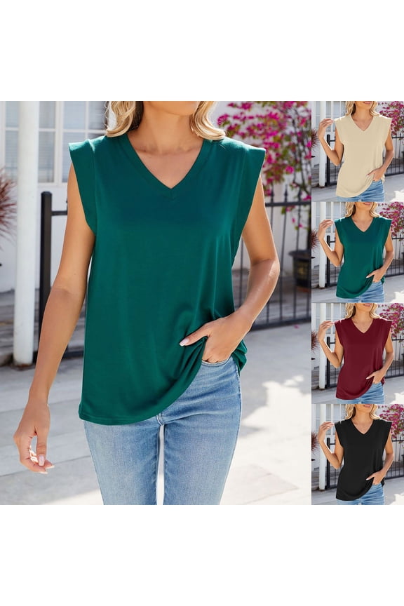Womens V-Neck Tank Tops Casual Loose Sleeveless Cotton Blend Shirts Basic Solid Color Spring Summer Tanks Ladies Office Work Blouses Sales Today Wine M