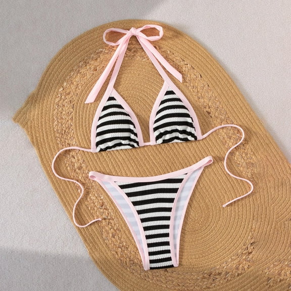 Jinhomg Womens Vacation Bikinis 2 Piece Cute Striped Print Swimsuit 2025 Trendy Halter Triangle Bikini Tops with Tie Side Thong Bottom Sets Pink S