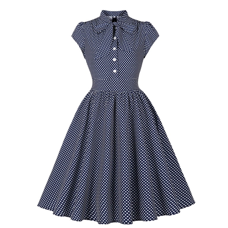 Jinhomg Womens Vintage Cocktail Dress 1950S Polka Dot Pleated Midi Dresses  Cute Bow Tie Neck Cap Sleeve Shirt Dress Flowy Swing Evening Party Dresses  Dark Blue XXL - Walmart.com