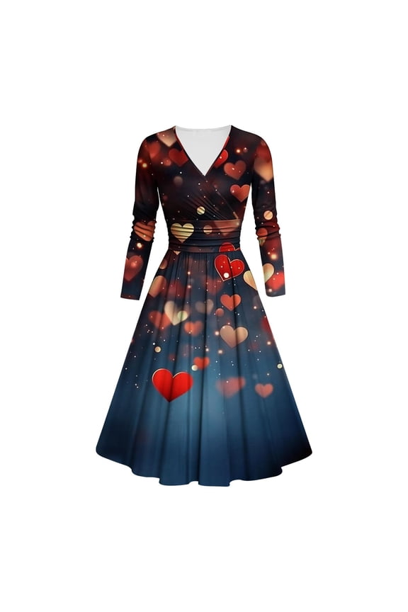 Womens Vintage Cocktail Dress Love Cute Valentine's Day Heart Print Party Dress Flowy Swing Long Sleeve V-Neck Midi Dresses Navy XL