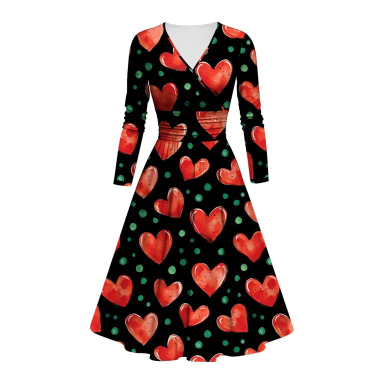 Jinhomg Womens Vintage Cocktail Dress Love Cute Valentine's Day Heart Print Party Dress Flowy Swing Long Sleeve V-Neck Midi Dresses Summer Saving Red Jinhomg Womens Vintage Cocktail Dress Love Cute Valentine's Day Heart Print Party Dress Flowy Swing Long Sleeve V-Neck Midi Dresses Summer Saving Red