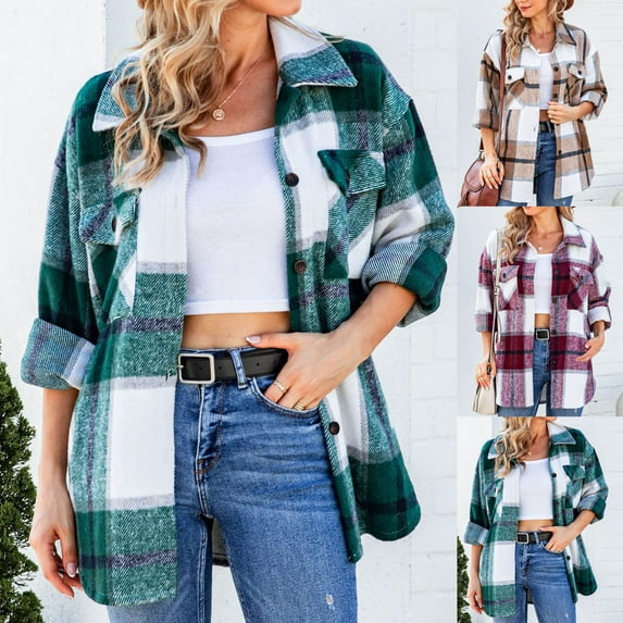 Jinhomg Womens Vintage Plaid Jacket Loose Fit Comfy Long Sleeve Lapel Collar Shacket Dressy Casual Button Down Shirt Jacket Going Out Wear Lighten 90 off Clearance Sale Khaki M