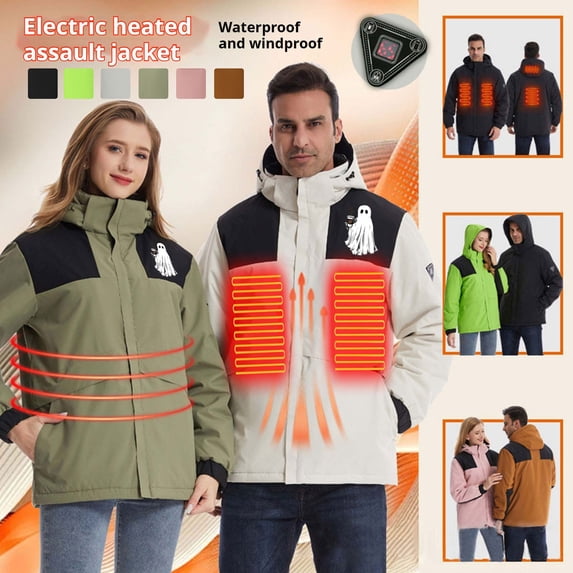 Jinhomg Womens Warm Rain Jacket Winter Comfy 4 Heated Zones Heating Coats Unisex Plus Size Puffer Coat and Detachable Hood Without Battery Beige S