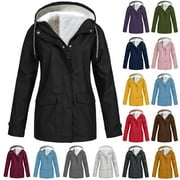 Jinhomg Womens Waterproof Thick Rain Coat Winter Warm Fleece Lined Windbreaker Comfy Long Sleeve Windproof Hooded Rain Jacket with Drawstring Lightning Deals Purple S