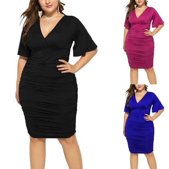 Jinhomg Womens Wedding Guest Dress 2025 Trendy Solid Ruched Bodycon Dresses Plus Size Comfy Deep V-Neck Pencil Dress Club Party Evening Gown Daily Deals Navy XXXXL