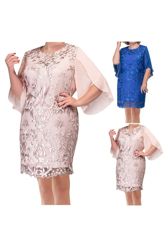 Womens Wedding Guest Dress Elegant Lace Patchwork Chiffon Maxi Dresses Plus Size Mother of The Bride Dresses Cocktail Party Gown Pink XXXL