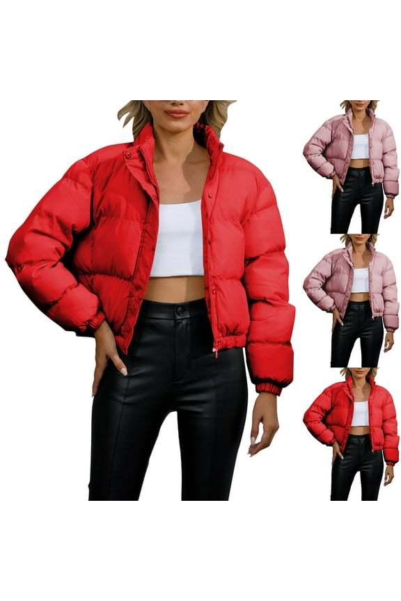 Womens Winter Cropped Puffer Jacket Casual Comfy Long Sleeve Double Closure Quilted Jackets Warm Down Coats Spring Saving Pink XXL